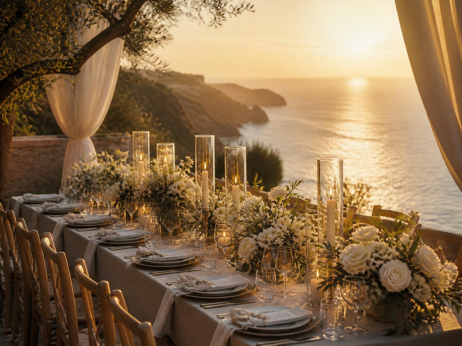 Coastal candlelit reception at golden hour